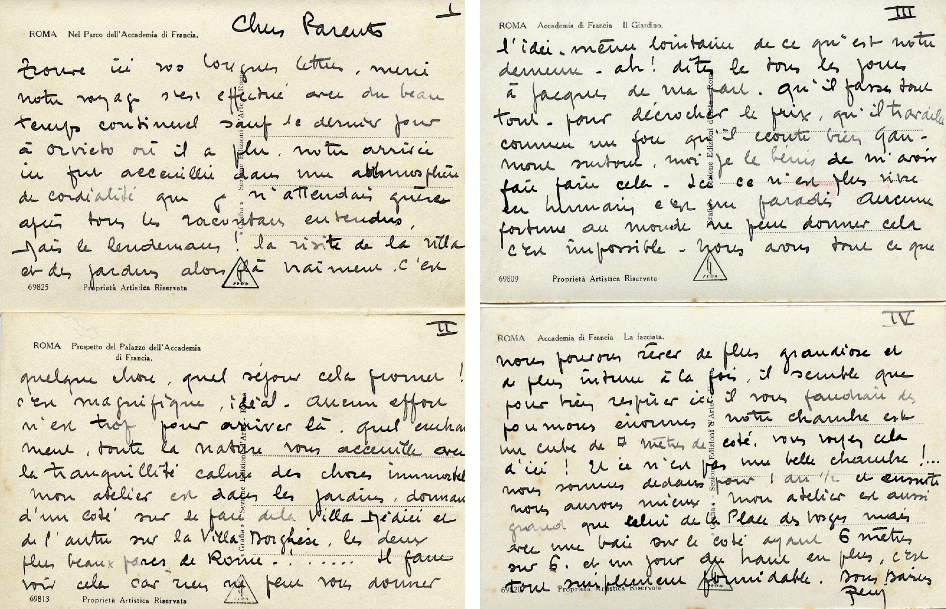 Cartes-postales envoyées par René à ses parents lors de son séjour à la villa Médicis