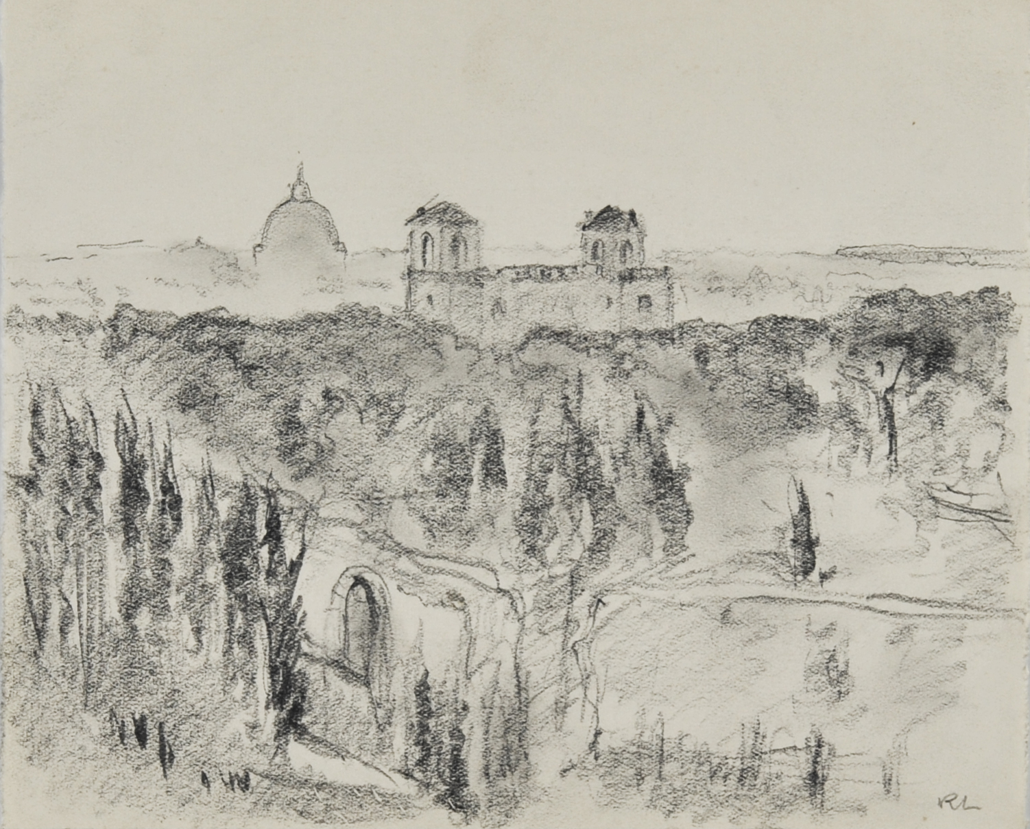 Dessin de la villa Médicis réalisé par René depuis la campagne italienne lors de son séjour